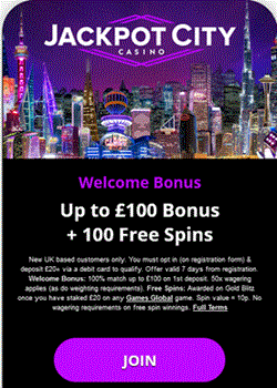 ackpotcity casino UK 100free spins